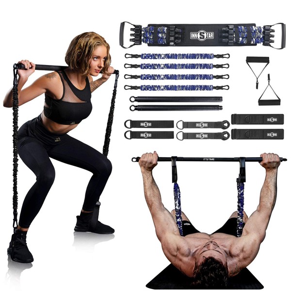 INNSTAR Resistance Bands Bar Exercise Bands Attachment 38" Black Max Load 800lb for Home Gym Workout Full Body Workout Power Lifting Fitness Bar (Portable Gym 3.0- Camo Navy)