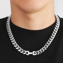 KRKC&CO Men's Curb Chain 8/12/14 mm, 18 K Gold/White Gold Plated Cuban Link Chain, Stainless Steel Cuban Link Chain, Hip Hop Chain for Men Boys 46-66 cm, Stainless Steel, No Gemstone