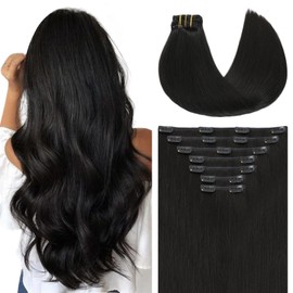 Youngsmile Clip in Hair Extensions Real Human Hair Natural Black Hair Clip in Extensions for Women Silky Straight Double Drawn 14Inch 140g 7 Pcs (7C#1B-14Inch)