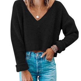 Jumppmile Womens V Neck Waffle Knit Cropped Top Long Sleeve Pullover Crop Sweater, Black, X-Large