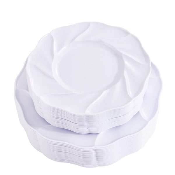 Hioasis 60pcs White Plastic Plates & White Disposable Plates & Reusable include 30pcs Dinner Plates,30pcs Dessert Plates Perfect for Wedding & Parties