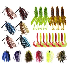 Bass Fishing Lures Kit Include Weedless Football Swim Jigs Bass Jigs, Silicone Jig Skirts, Craw Soft Plastic Worms Grub Bait Tackle Kit Fishing Lures for Bass Trout