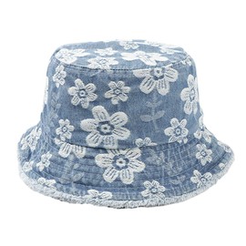 Unisex Vintage Floral Embroidery Denim Bucket Hat Sun Protection Breathable Sun Hat Fisherman Cap for Outdoor Summer Beach Vacation