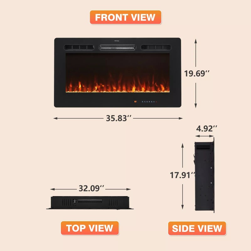 Fireplace 36" Electric Fireplace Recessed/Wall Mounted, 12 Colors, Touch &