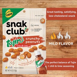 Snak Club Tajin Crunchy Peanuts, Mild Chili & Lime Flavor, Zesty Spicy Snacks, 4oz Bag (Pack of 6)
