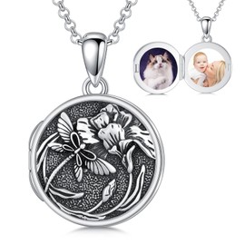 HARMONY BOLA Dragonfly Locket Necklace 925 Sterling Silver Iris Dragonfly Photo Locket Pendant Animal Jewelry for Women Men, Sterling Silver, No Gemstone