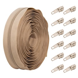 Zips for Sewing, Invisible Zip 5m Continuous Zip,Zippers for Sewing with 12 Zipper Heads,Nylon Coil Zippers Replacement Bulk Sewing Zipper for Dresses Skirts Pillows or Sewing (Beige)