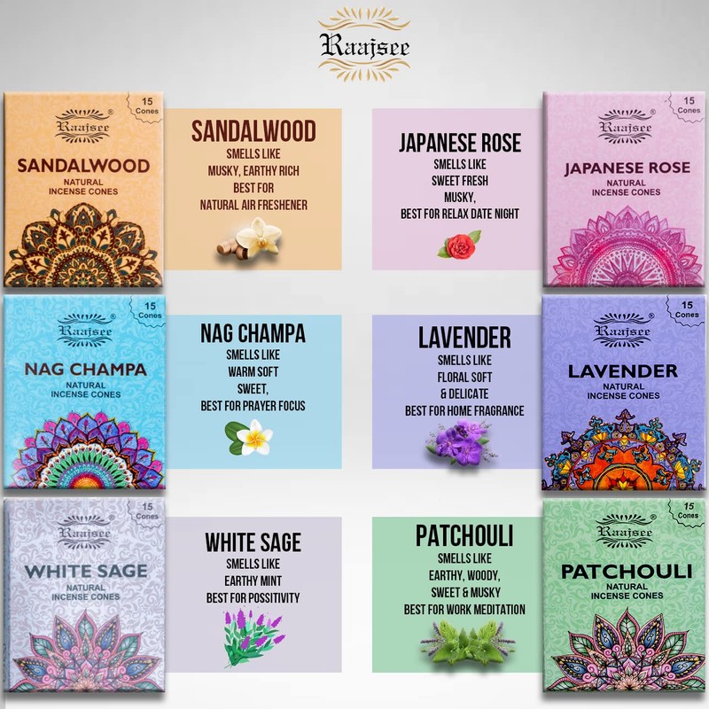 Raajsee Natural Incense Cones,6 Pack Mixed Scents Gift Pack 15