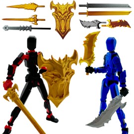 QAONIE (Assembly Completed) Two 3D Printed Figure 5.54-inch Dummy13 with Superior Weapon Expansion Set, Full Body Mechanical Movable Toy (Blue+Black)