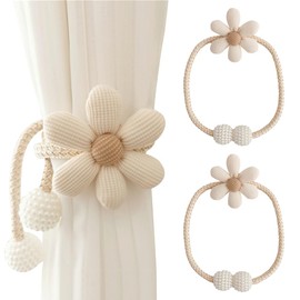 2 Pack Curtain Tie Backs,Braided Rope Holdbacks,Flower Tie Back for Curtains with Pendant,Decorative Pearl Ball and Rope Curtain Tiebacks,No Punching Curtain Holder for Girls (Polyester, Beige)