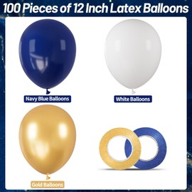 100 pcs Navy Blue and Gold Balloons 12 inch White Dark Blue and Gold Metallic Chrome Balloons for Birthday Party Celebration Graduation Decorations