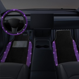 NBTEPEM Bling Car Floor Mats Full Set and Steering Wheel Cover, Universal Fit Most Cars, 4 pcs Sparkle Glitter Diamond Carpet, 5 pcs Bling Car Accessories Set for Women (Purple Violet Diamond)