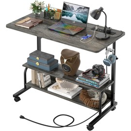 32" Height Adjustable Standing Desk with Power Outlets - Manual Rolling Stand Up Desk with Wheels Small Portable Computer Desk Mobile Laptop Table with Storage Shelves for Home Office, Grey Oak