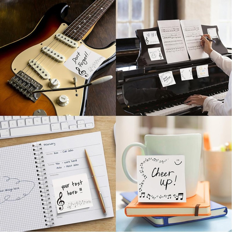 6 Pack Music Themed Sticky Note,Black White Music Notes Self-Stick