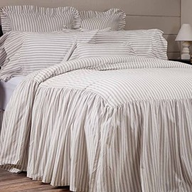 Timeless Ticking Ruffled Twin Size Bedspread, High Skirt on 3 Sides, Soft White and Gray Ticking Stripes, Vintage Farmhouse Bedding