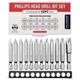 Phillips Screwdriver Drill Bit Set (Premium 12pc Complete Set) w/Storage Case and Bit Holder - 1/4in Hex Shank Magnetic Bit Set - Impact Ready - S2 Steel - Long 2in Heads for Drills. Baker and Bolt