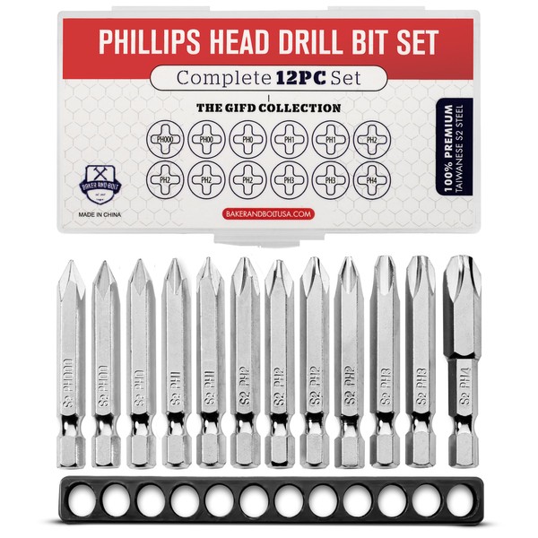 Phillips Screwdriver Drill Bit Set (Premium 12pc Complete Set) w/Storage
