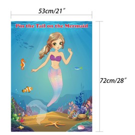 FEPITO Mermaid Party Supplies Pin The Tail on The Mermaid Party Game with 24Pcs Tail Stickers for Kids Birthday Party