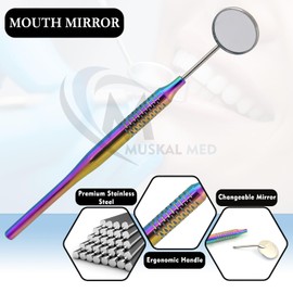 MuskalMed 5 PC Dental Mouth Mirror #5 Front Surface Rhodium Coated Mirror with Multi Rainbow Mirror Handle Hollow Handle Cone Socket 9.5mm Stainless Steel Dental Mouth Mirror for Dentist Tool DN-2416