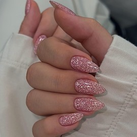Light Pink Glitter Press on Nails Almond Medium, KQueenest Sparkle Shinny Acrylic Fake Nails for Women, Cute Bling Glitter Nails Press ons, Luxury Glue on Nails Medium False Nails with Design