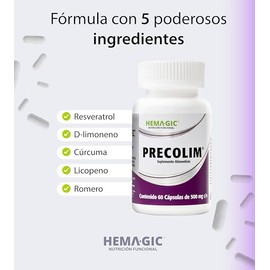 PRECOLIM - Resveratrol, Cúrcuma, D-Limoneno, Licopeno y Romero - Suplementos Alimenticios - 60 Cápsulas de 500 mg c/u - Sin Gluten Ni Aditivos - Antioxidante