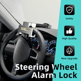 Fowllei Mirren Anti-Theft Steering Wheel Lock with Alarm, Car Security Lock Universal Fit Any Brand Vehicle Truck, Heavy Duty Car Anti Theft Device with 2 Keys Stainless Steel Black