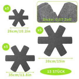 15 Pan Protectors, Felt Pot Protectors, Pan Protectors, Stacking Protection, 38 cm x 5 + 35 cm x 5 + 26 cm x 5, Scratch-Resistant, for Pans, Pots, Bowls