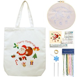 Canvas Tote Bag Embroidery Kit with Pattern for Beginners, Arts and DIY Embroidery Crafts Kits for Adults, Include Instructions, thimble, Embroidery Hoops, Color Threads and Tool (CR002 SantaClaus beige)