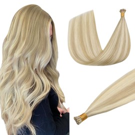 DOORES I Tip Human Hair Extensions, Dark Blonde Highlighted Bleach Blonde 50g/100s 16 Inch, I Tip Cold Fusion Human Hair Extensions ITip Extensions Straight Human Hair Extensions