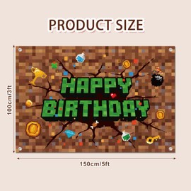 Pixel Birthday Decorations, 5x3 ft Happy Birthday Banner Backdrop for Miner TNT & Pixel Themed Celebration Kids Boys Game Party Supplies