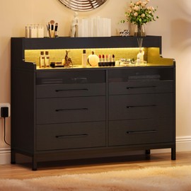YITAHOME 6 Drawer Dressers with LED Lights, Wood Dressers Chests of Drawers, Modern Dresser with Open Shelf Storage for Room, Entryway, Hallway, Black