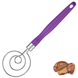 U-Taste Danish Dough Whisk for Bread: 18/8 Stainless Steel Heavy-Duty Sourdough Mixing Tool, Food Grade Dutch Style Seamless Dough Hook, Sturdy for Stirring, Kneading Thick Batter (12.6", Purple)