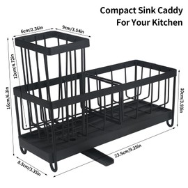 Minnhua Kitchen Sink Caddy Organiser Sink Tidy Kitchen Sink Organizer Black Washing up Caddy Sinkware Organiser Steel Sponge Holder with Brush Holder for Kitchen Bathroom Countertop