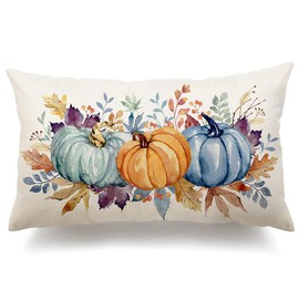 DFXSZ Fall Pillow Covers 12x20 Inch Fall Thanksgiving Orange Blue Green Pumpkin Maple Leaf Lumbar Pillow Covers Polyester Fall Decoration for Home Couch YTZ073-D12