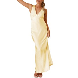 Summer Satin Formal V Neck Backless Sleeveless Maxi Dress for Women 2025 Elegant Evening Cocktail Wedding Guest Long Dresses Yellow