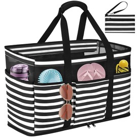 TEUEN Beach Bags for Women, Large Waterproof Beach Tote Bag with Zip Lightweight Striped Summer Bag,Foldable Handbag with Multiple Pockets for Travel Pool Shopping Holiday Gym