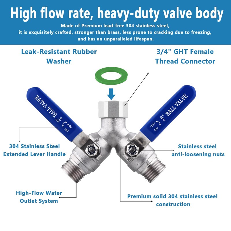 SNUTUYA 304 Stainless Steel Garden Hose Splitter 2 Way Heavy