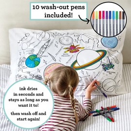 eatsleepdoodle Coloring Pillowcase for Kids w/ 10pk Washable Markers for Kids - 30x20in Space Explorer Kids Coloring Pillowcase - Ultra Washable & Reusable Arts and Crafts for Kids