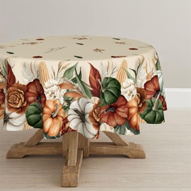 Horaldaily Fall Tablecloth 60×60 Inch Round, Flower Autumn Harvest Pumpkin Washable Seasonal Table Cover for Party Picnic Dinner Decor