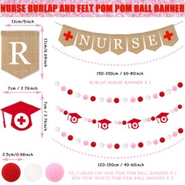 Nurse Banner, 4 Pcs Nursing Party Decorations Burlap Bunting Pennant and Felt Graduation Cap with Red Pink White Pom Pom Ball Garland Congrats Grad for Thank You Nurses Lab Week College School Decor