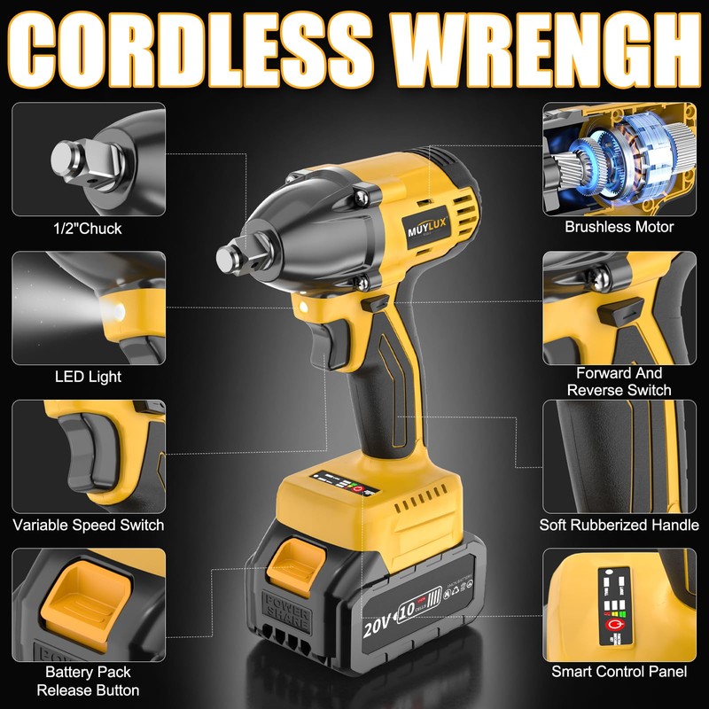 Muylux 4.0Ah Battery Cordless Impact Wrench, Brushless 1/2 Impact Gun,