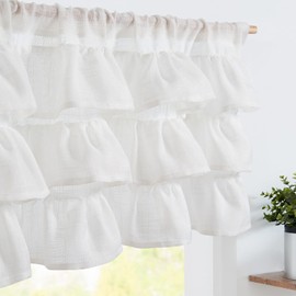TOPICK Kitchen Net Curtains with Ruffles White Linen Bistro Curtain for Small Windows Short Curtain Ruffled Kitchen Curtains Country House Style Semi-Transparent Curtains Short Farmhouse 125 W x 45 H