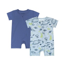 Teach Leanbh Baby Boys Girls 2 Pack Bamboo Viscose Pajamas 2 Way Zipper Short Sleeve Romper Jumpsuit Sleep and Play (as1, age, 18_months, Navy/Planet)