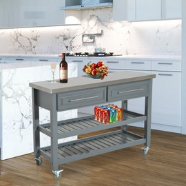 HOMCOM Kitchen Island Stainless Steel Top Rolling Utility Trolley Cart with Stainless Steel Top - Grey