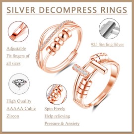 Deyanse Anxiety Rings for Women Men, 925 Sterling Silver Fidget Ring for Anxiety, Stress Relief Rings with Beads, Cubic Zirconia Anti-Stress Couples' Ring, Adjustable Open Stress Spinner rings Set