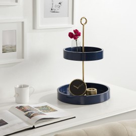 Kate and Laurel Lipton Modern Two Tier Tray, 13 x 13 x 20, Navy and Gold, Glam Decorative Tray