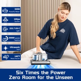 YUFAC Bed Vacuum Cleaner 5 in 1 with Mattress Vacuum 16Kpa Suction 253.7nm UV-C Light, HEPA Filtration, Ultrasonic, Heating, 30000Rpm/Min Brushroll Rotation, Replacement Filter Included, 500W, Corded