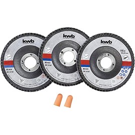 kwb 3 x Sanding Discs 115 mm in Storage Box with Earplugs Grain Sizes K-40, K-60, K-80 for Angle Grinders ABM. 115 x 22.23