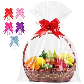 Pack of 5 Extra Large Transparent Cellophane Bags 90 x 140 cm Cellophane Bags with 5 Pull Bows Gifts, Gift Bags Transparent for Flowers, Gift Baskets, Crafts, Treat Wrap