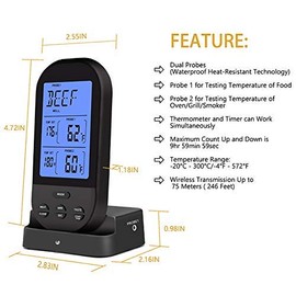 Jayron Wireless Digital Meat Thermometer Kitchen Timer with Dual Probes Cooking Thermometer for beef Smoker Oven Grill BBQ